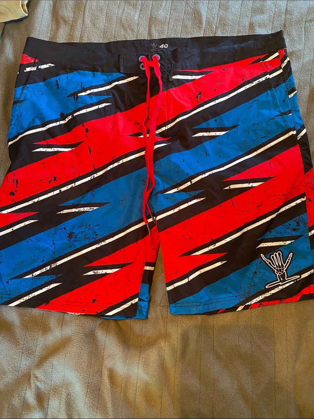 Men's Red & Blue Striped Swim Board Shorts with Drawstring